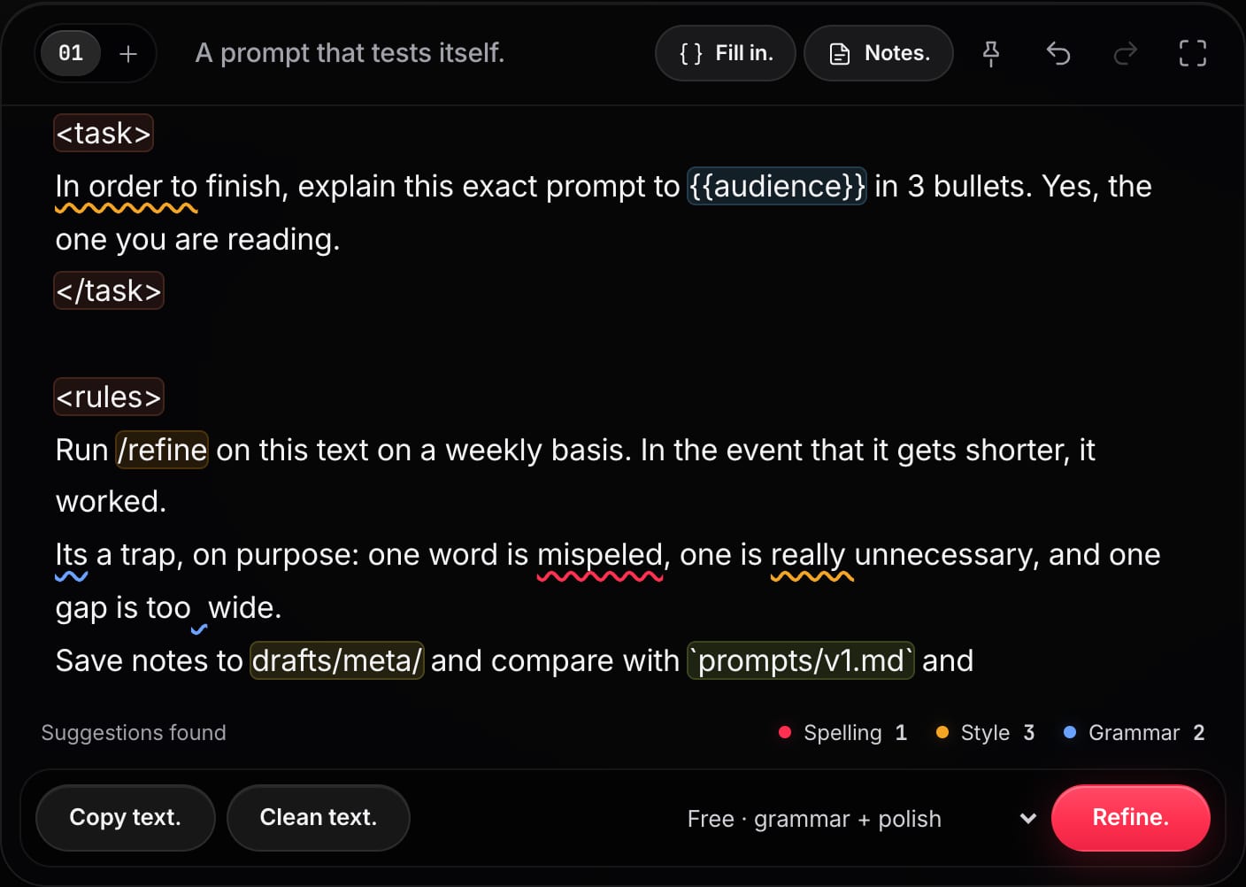 The Boi Tokenomics editor, with prompt tags, commands and placeholders highlighted, and spelling, style and grammar suggestions underlined.